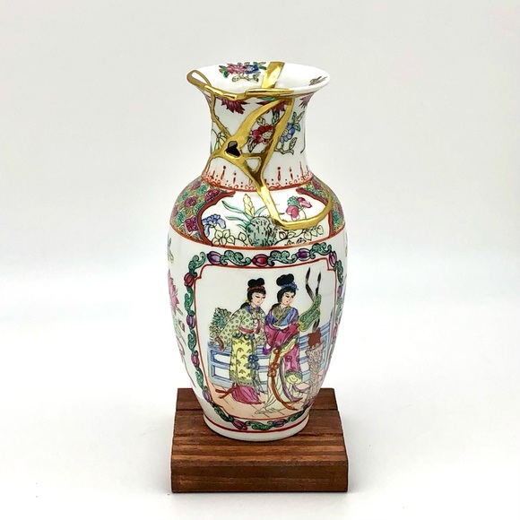 Kintsugi Vase Chinese Vtg Famille Rose Medallion Gold Crack Japanese Growth Gift - Picture 7 of 13